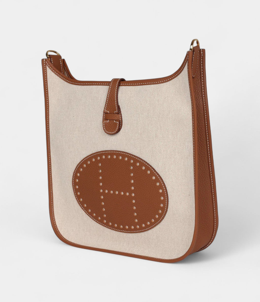 HMEvelyne III PM Gold Clemence and Ecru Toile H Canvas Gold Hardware