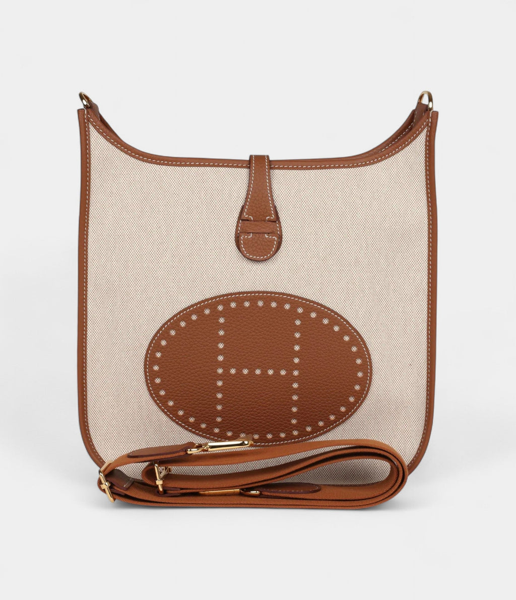HMEvelyne III PM Gold Clemence and Ecru Toile H Canvas Gold Hardware