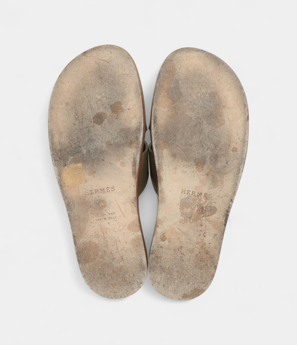 Hermes Green Leather and Canvas Izmir Sandals 43 EU