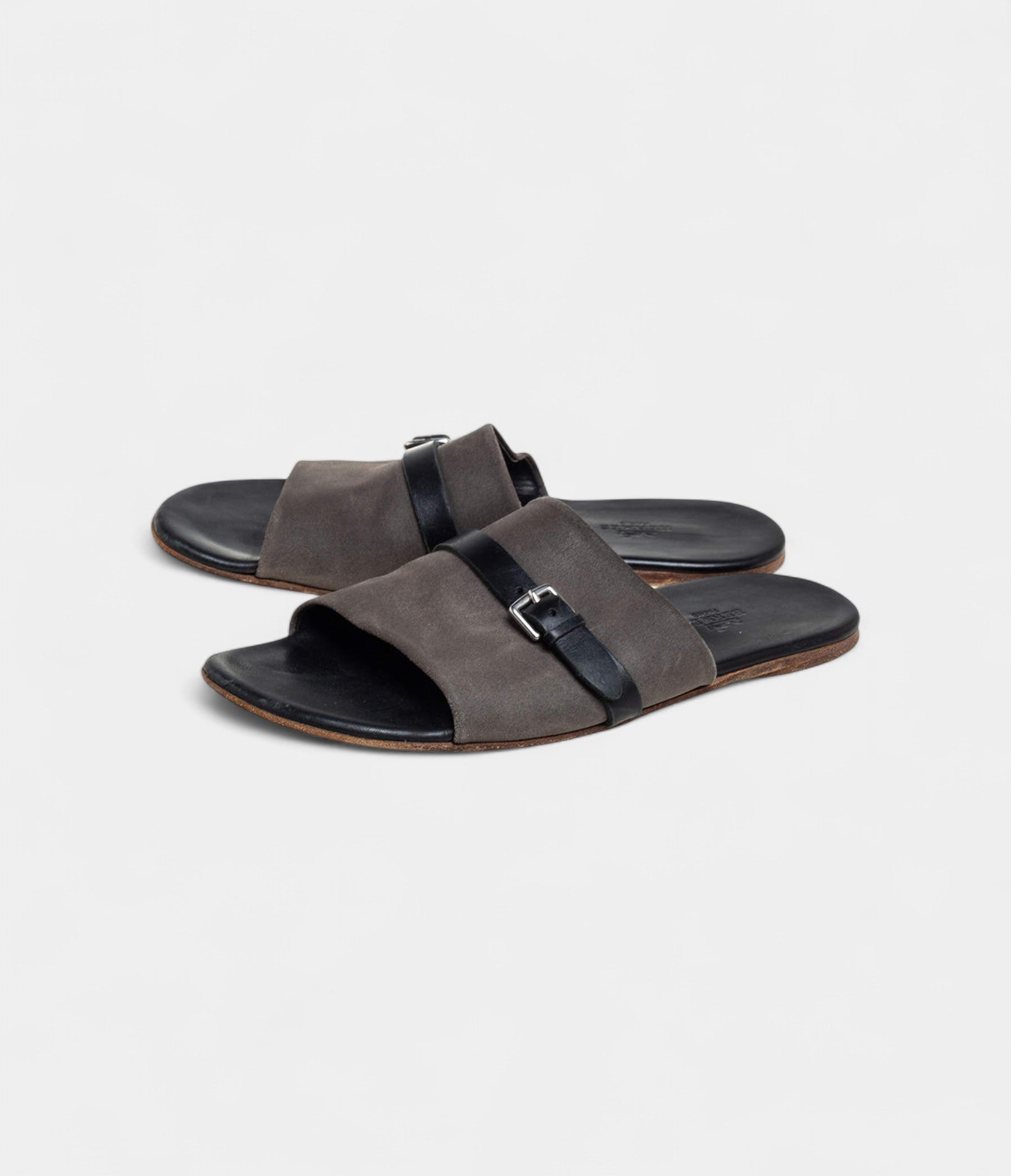 Hermes Grey/Black Suede And Leather Slide Sandals 41 EU