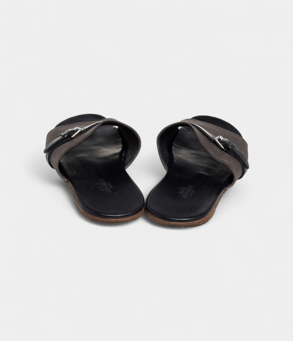 Hermes Grey/Black Suede And Leather Slide Sandals 41 EU