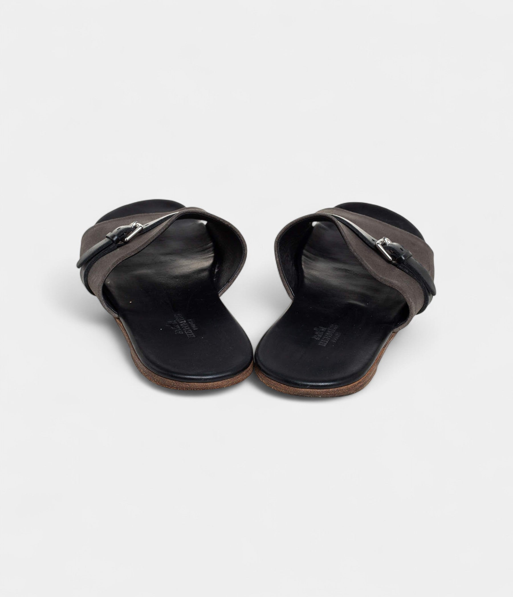 Hermes Grey/Black Suede And Leather Slide Sandals 41 EU