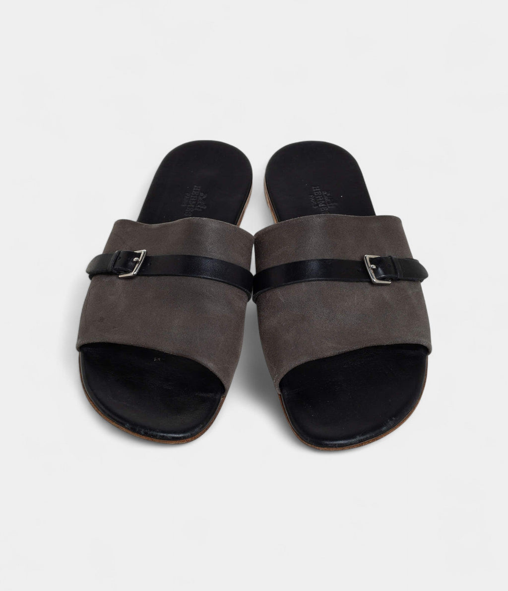 Hermes Grey/Black Suede And Leather Slide Sandals 41 EU