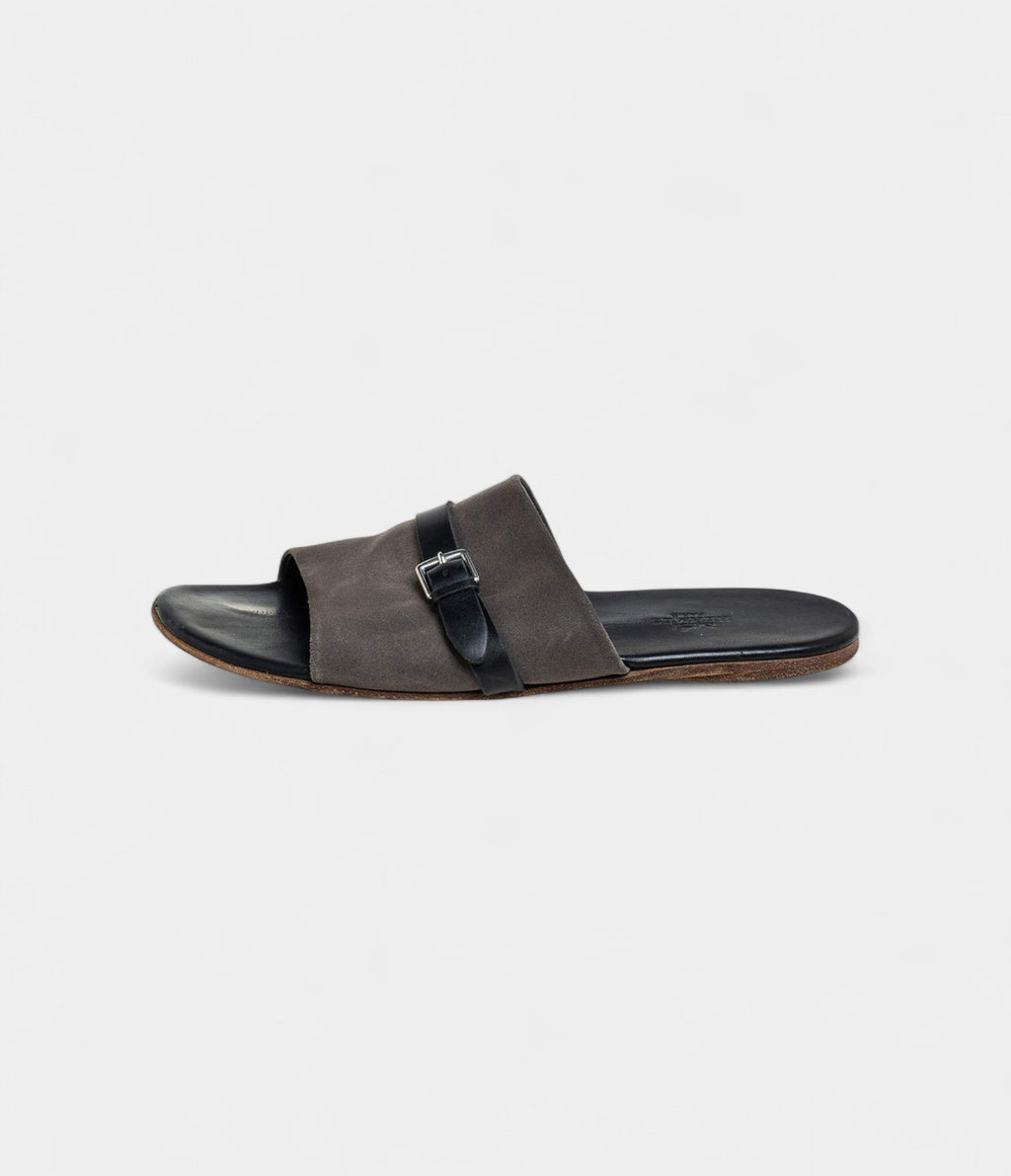 Hermes Grey/Black Suede And Leather Slide Sandals 41 EU
