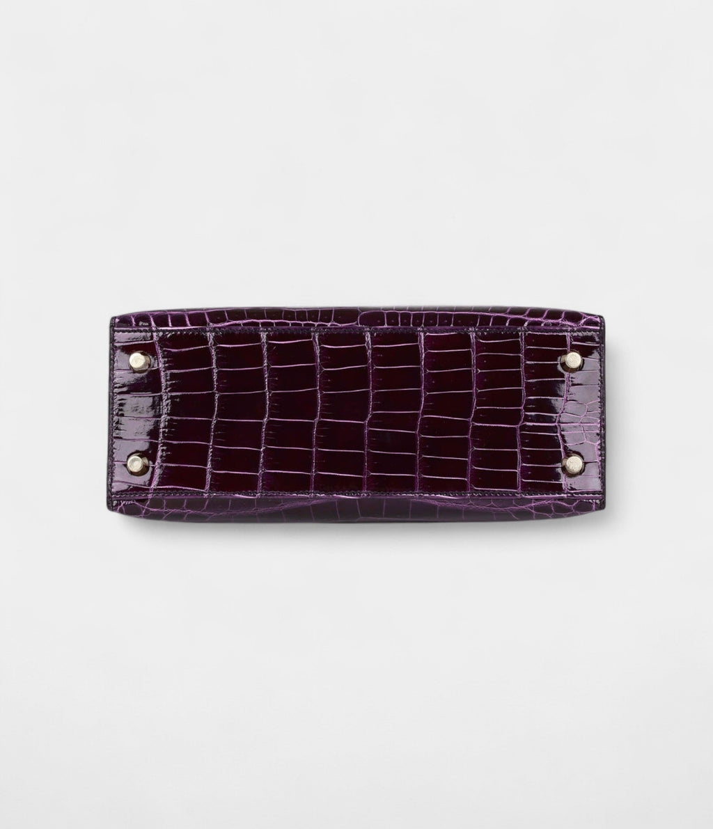 Hermes Kelly 25 Aubergine Shiny Niloticus Crocodile Gold Hardware
