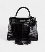 Hermes Kelly 25 Black Shiny Niloticus Crocodile Palladium Hardware