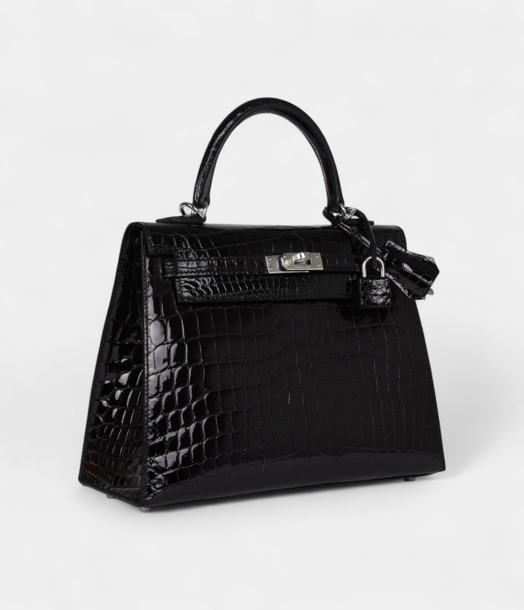 Hermes Kelly 25 Black Shiny Niloticus Crocodile Palladium Hardware