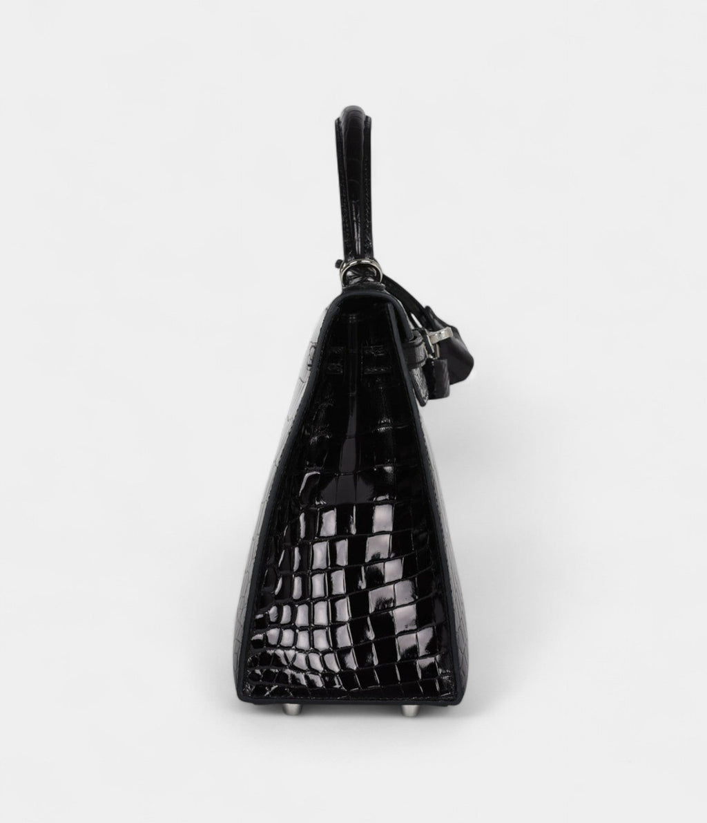 Hermes Kelly 25 Black Shiny Niloticus Crocodile Palladium Hardware
