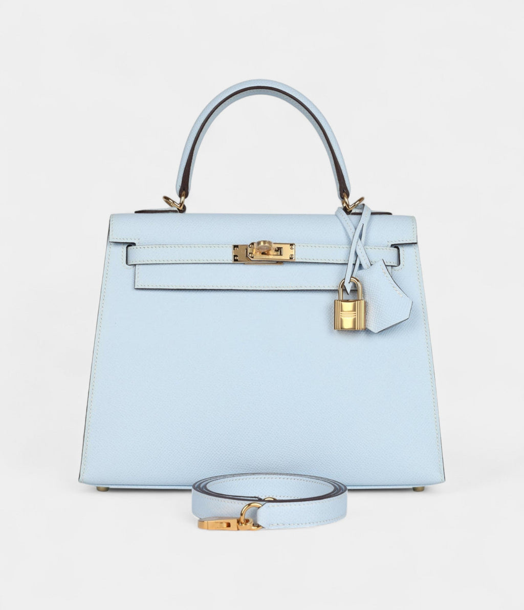 Hermes Kelly 25 Bleu Brume Epsom Gold Hardware