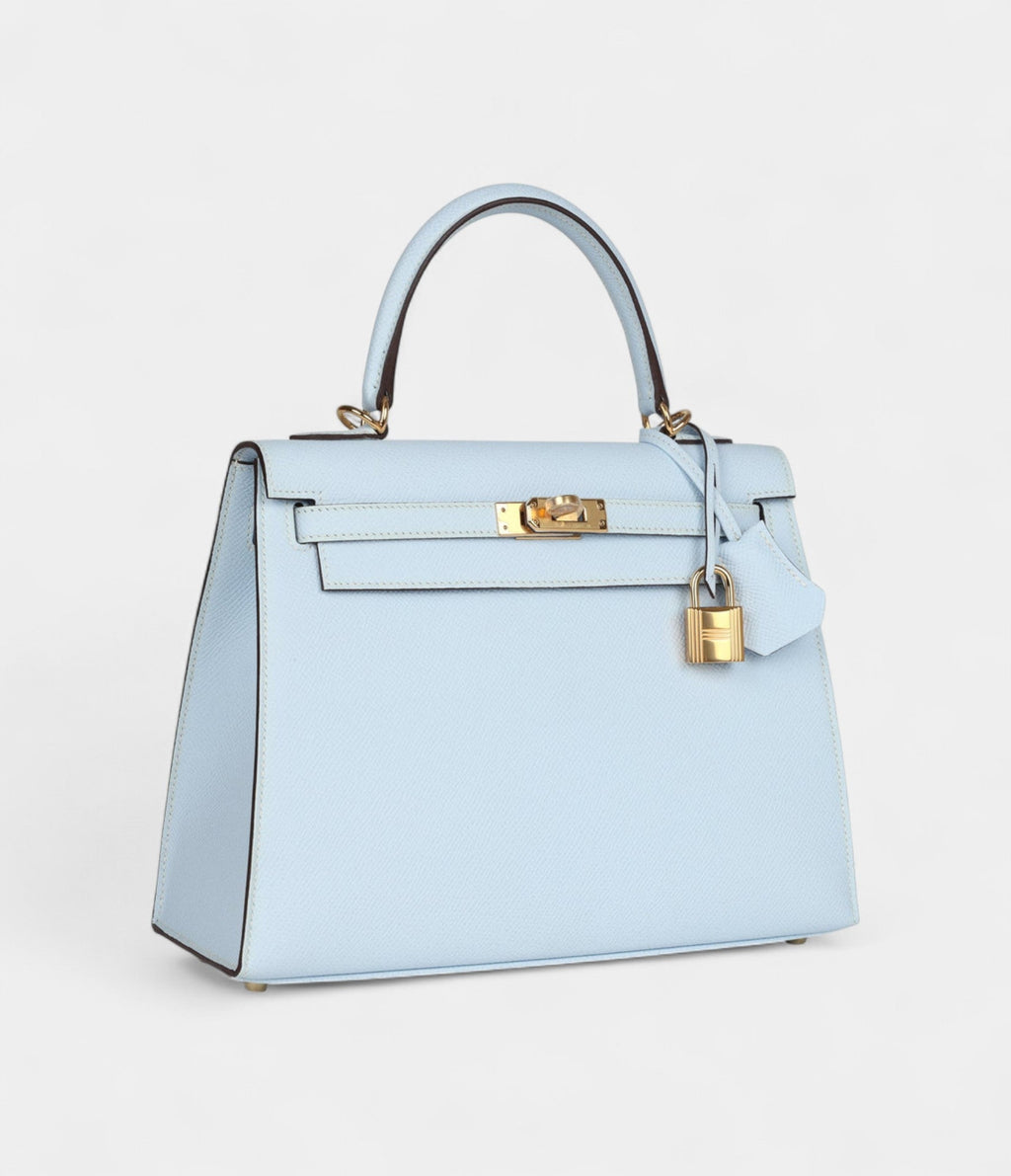 Hermes Kelly 25 Bleu Brume Epsom Gold Hardware