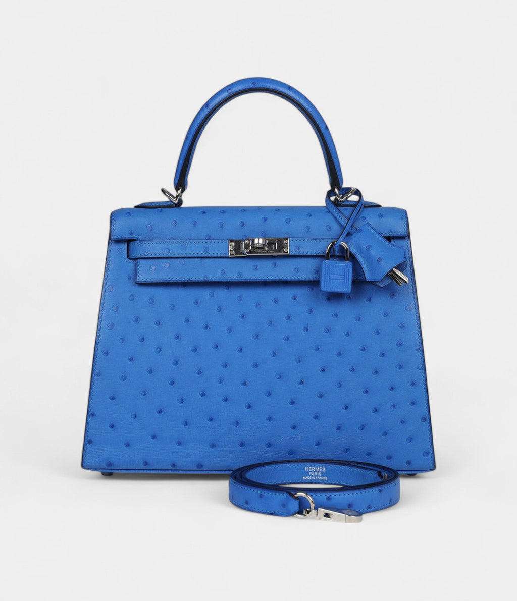 Hermes Kelly 25 Bleu Ostrich Palladium Hardware