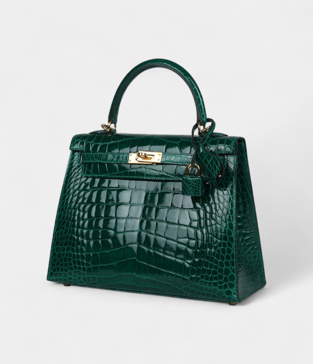 Hermes Kelly 25 Emerald Shiny Alligator Gold Hardware