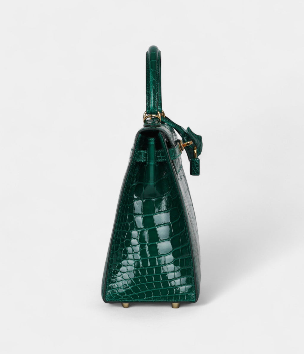Hermes Kelly 25 Emerald Shiny Alligator Gold Hardware