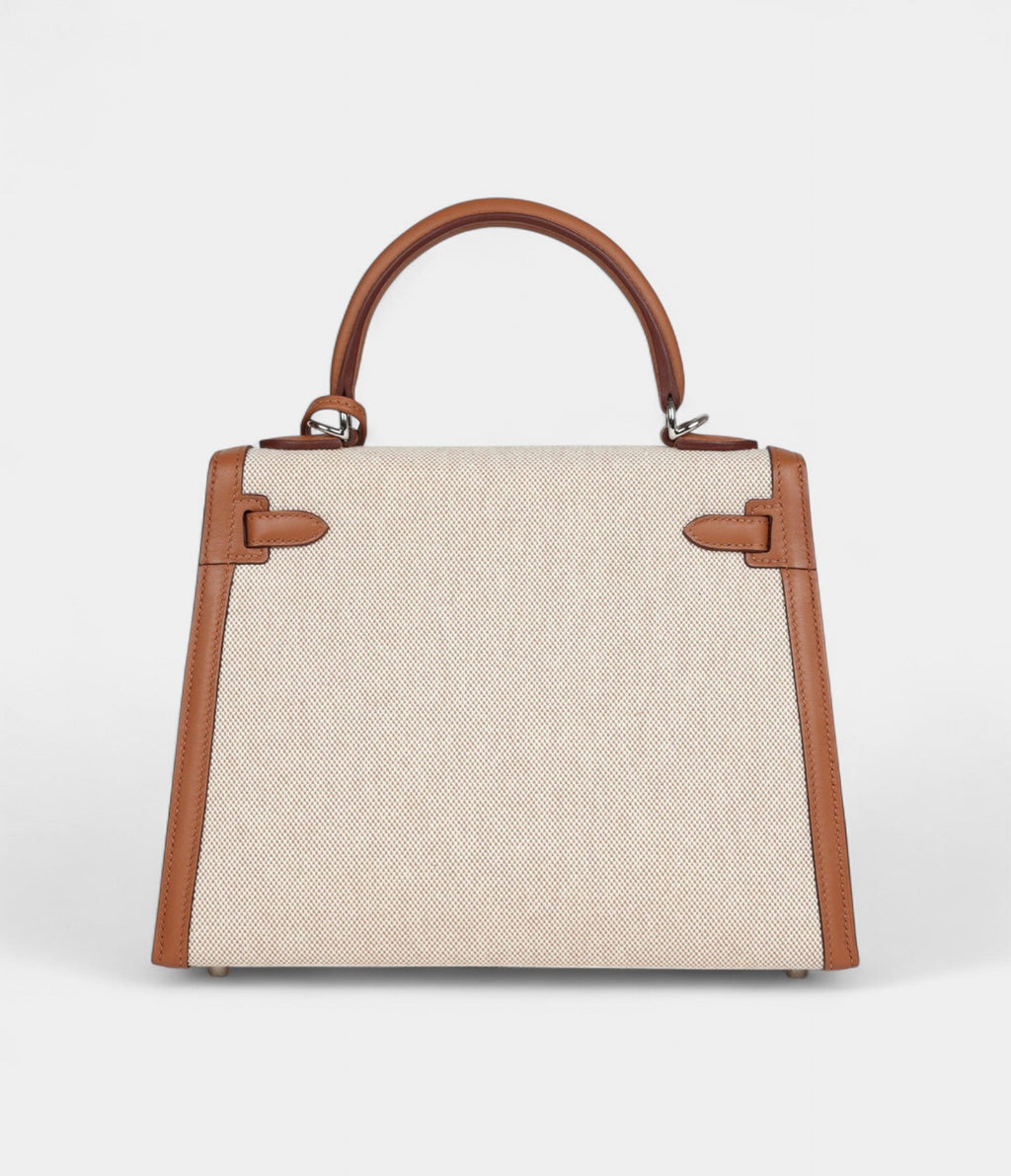 Hermes Kelly 25 Gold Swift and Ecru Toile Palladium Hardware