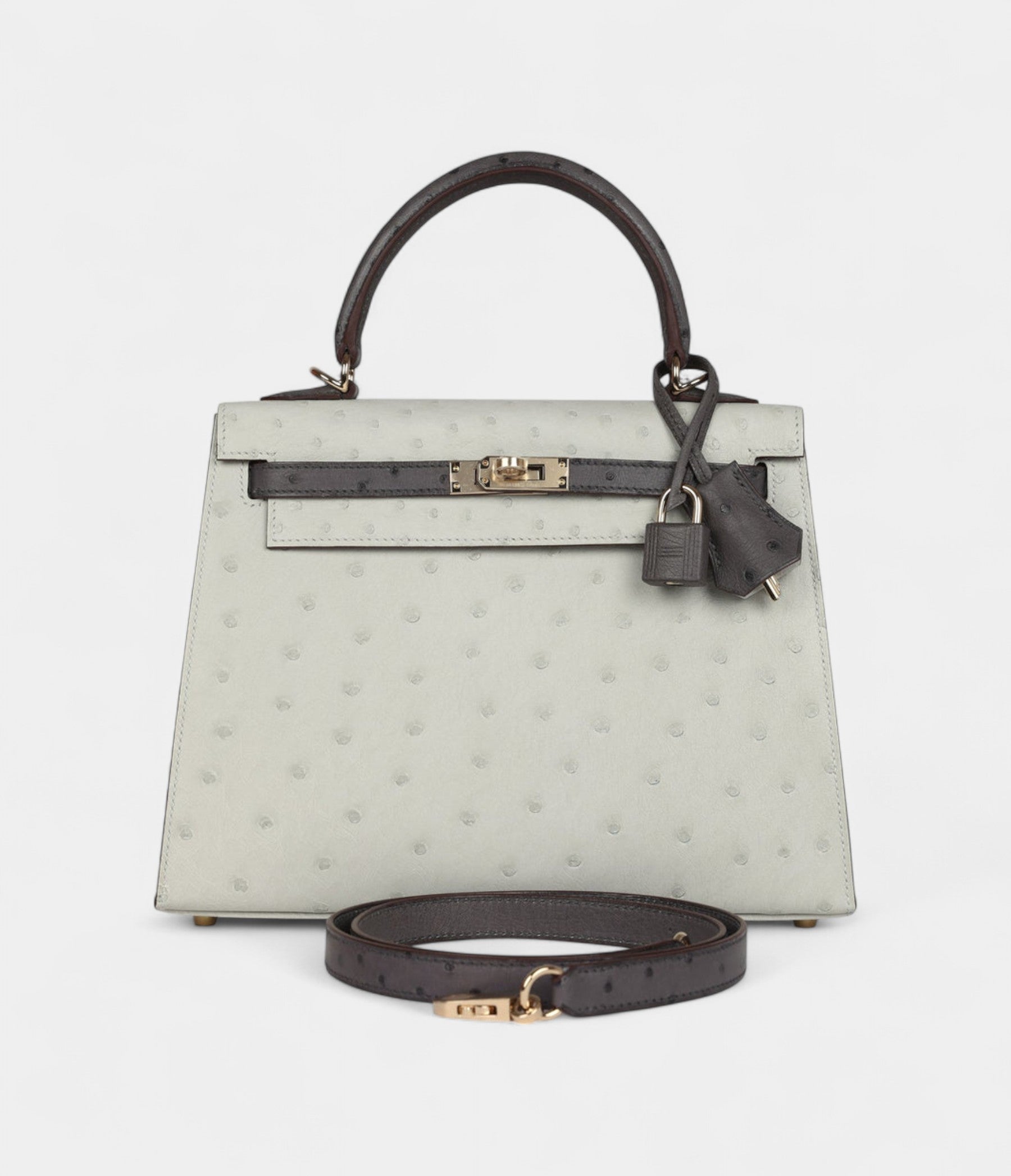 Hermes Kelly 25 Gris Perle and Graphite Ostrich Permabrass Hardware
