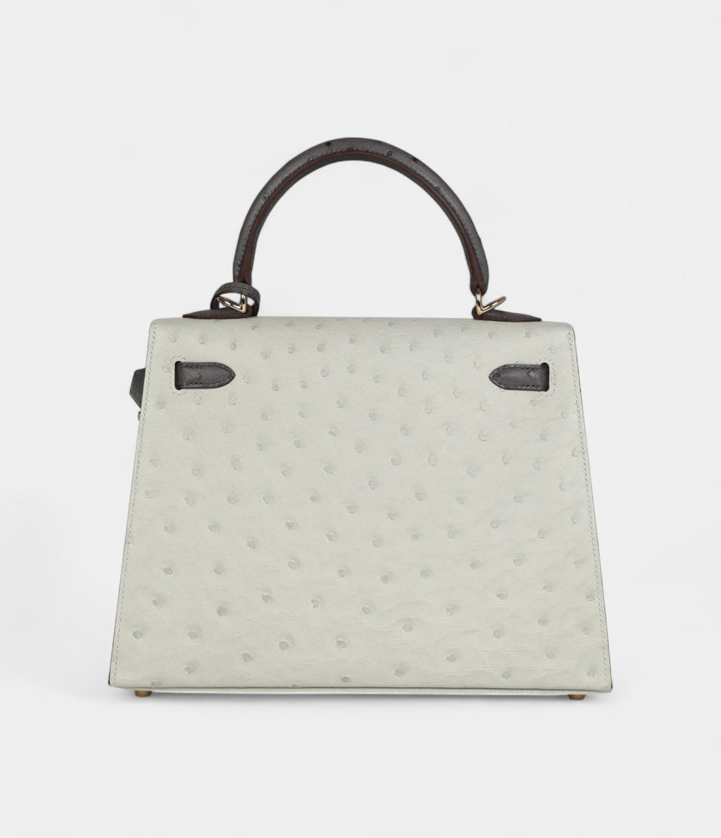 Hermes Kelly 25 Gris Perle and Graphite Ostrich Permabrass Hardware