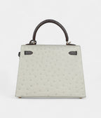 Hermes Kelly 25 Gris Perle and Graphite Ostrich Permabrass Hardware