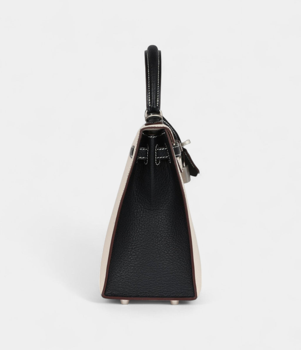 Hermes Kelly 25 Nata and Black Chevre Mysore Brushed Palladium Hardware