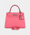 Hermes Kelly 25 Rose Azalee Epsom Palladium Hardware