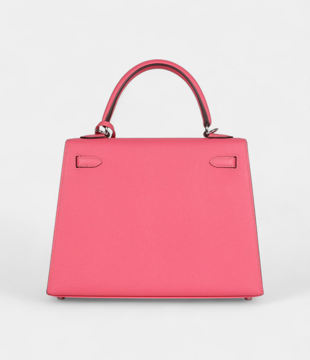 Hermes Kelly 25 Rose Azalee Epsom Palladium Hardware