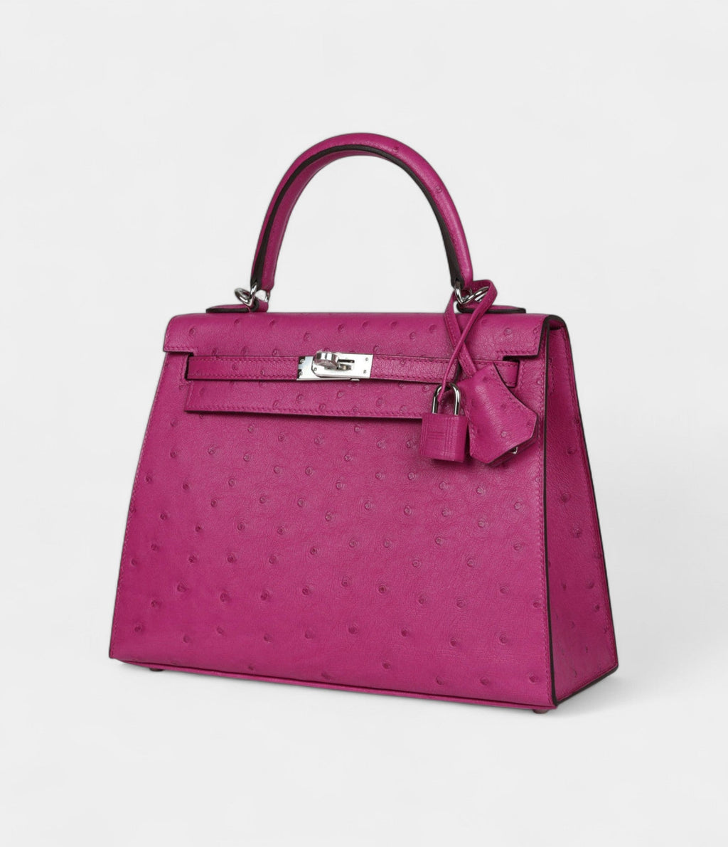 Hermes Kelly 25 Rose Purple Ostrich Palladium Hardware