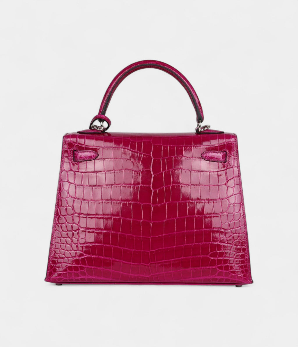 Hermes Kelly 25 Rose Purple Shiny Niloticus Crocodile Palladium Hardware