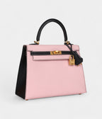 Hermes Kelly 25 Rose Sakura and Black Chevre Mysore Brushed Gold Hardware