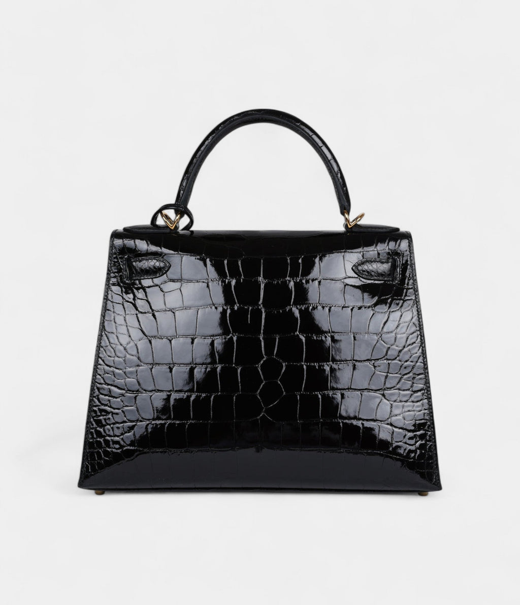 Hermes Kelly 28 Black Shiny Alligator Gold Hardware