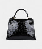 Hermes Kelly 28 Black Shiny Alligator Gold Hardware