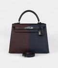 Hermes Kelly 28 Indigo Blue and Red Sellier Epsom Coat Palladium Hardware