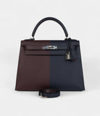 Hermes Kelly 28 Indigo Blue and Red Sellier Epsom Coat Palladium Hardware