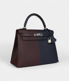 Hermes Kelly 28 Indigo Blue and Red Sellier Epsom Coat Palladium Hardware
