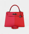 Hermes Kelly 28 Red Heart, Rose Extreme and Zanzibar Blue Epsom Palladium Hardware