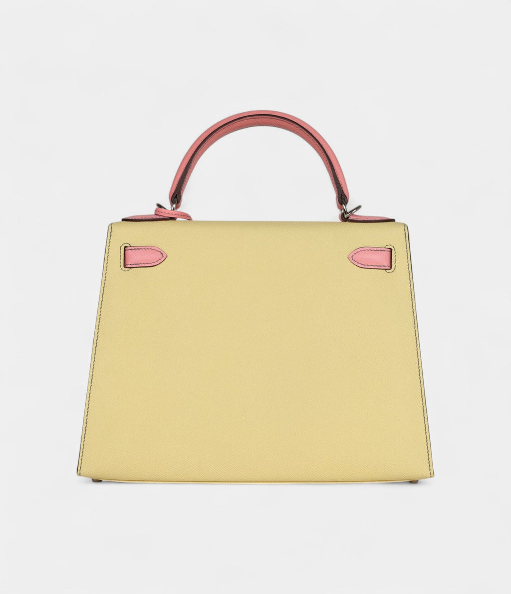 Hermes Kelly 28 Rose Confetti and Jaune Poussin Epsom Palladium Hardware
