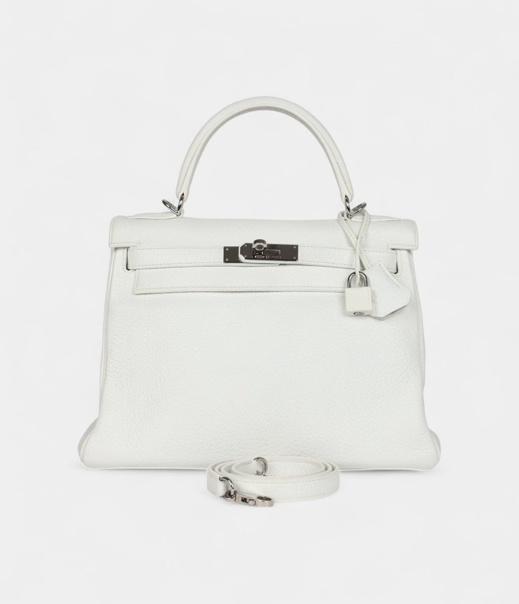 Hermes Kelly 28 White Clemence Palladium Hardware