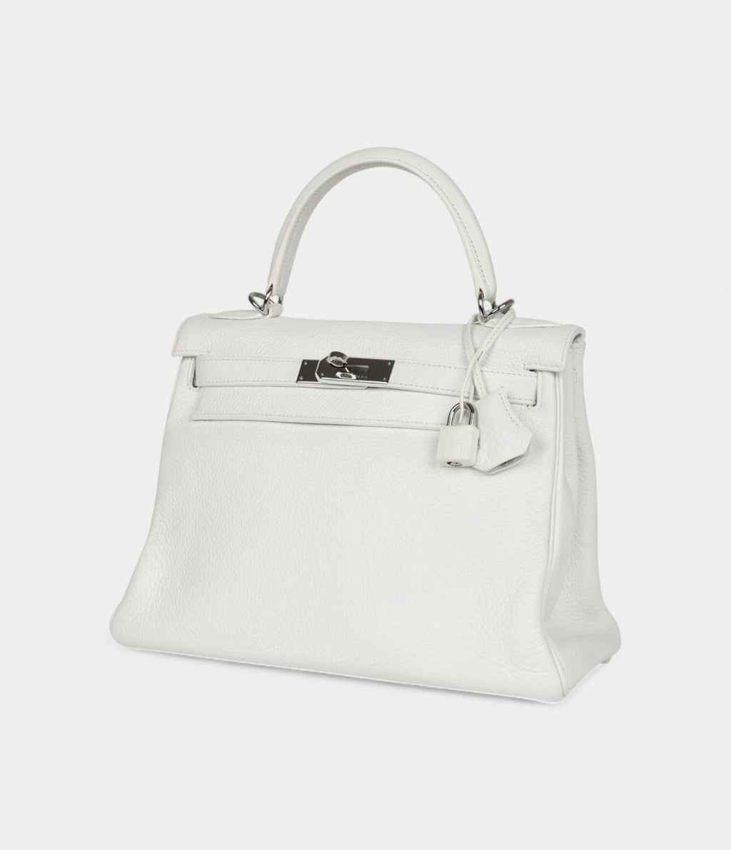Hermes Kelly 28 White Clemence Palladium Hardware