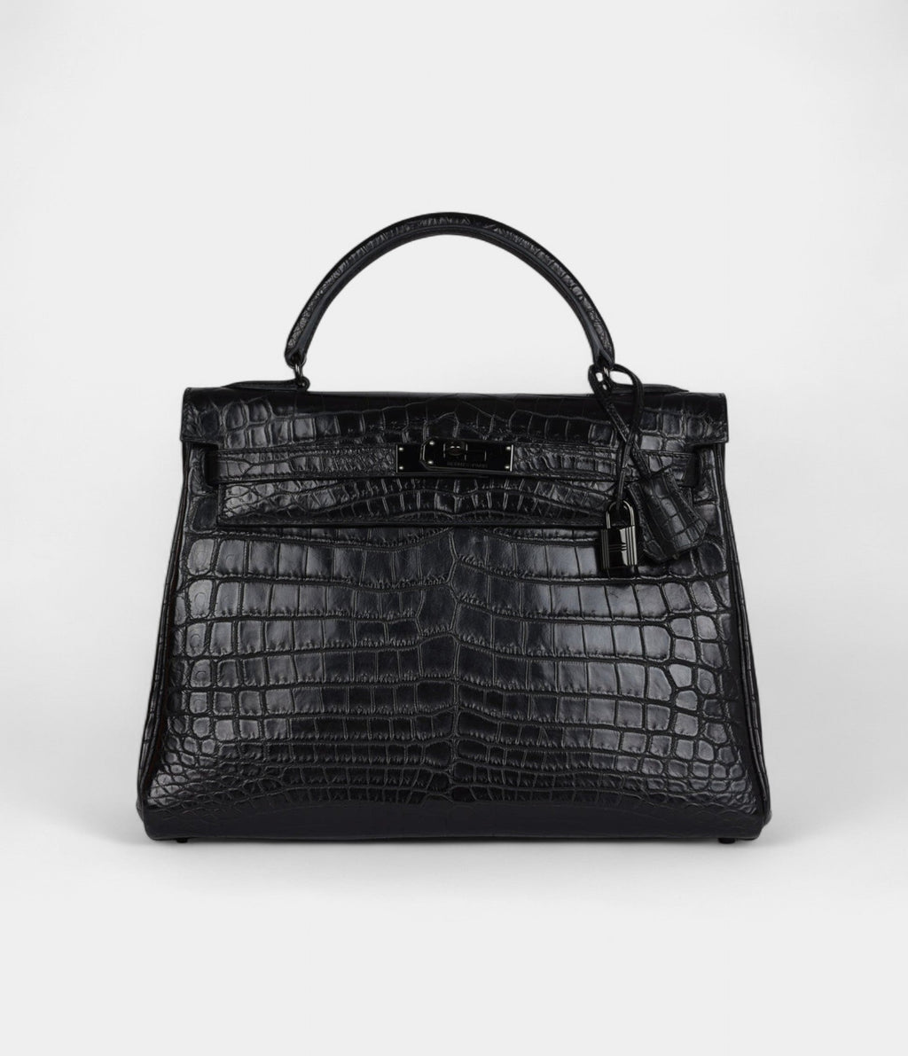 Hermes Kelly 32 Black Matte Niloticus Crocodile Black Hardware