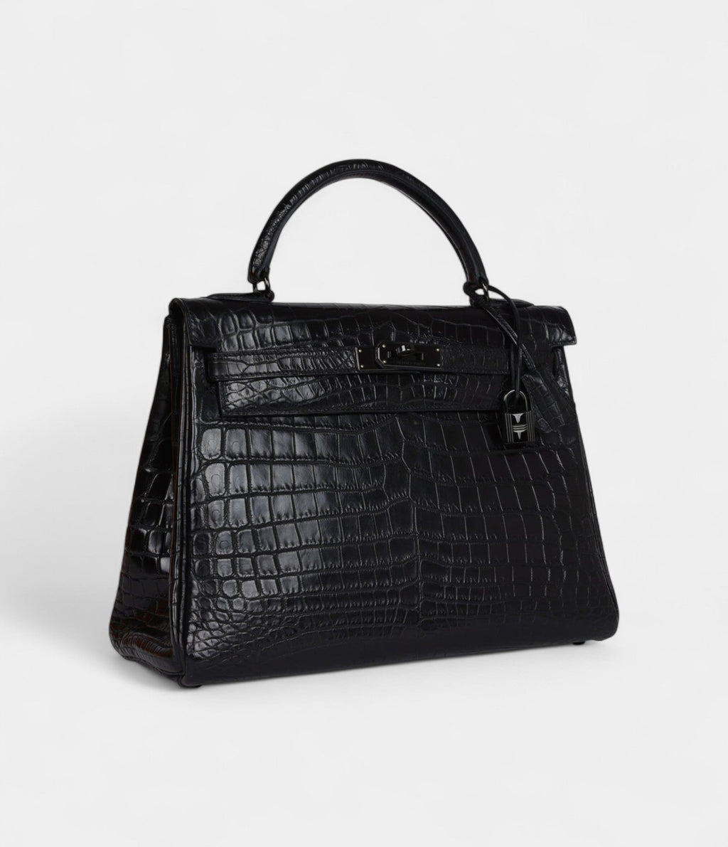 Hermes Kelly 32 Black Matte Niloticus Crocodile Black Hardware