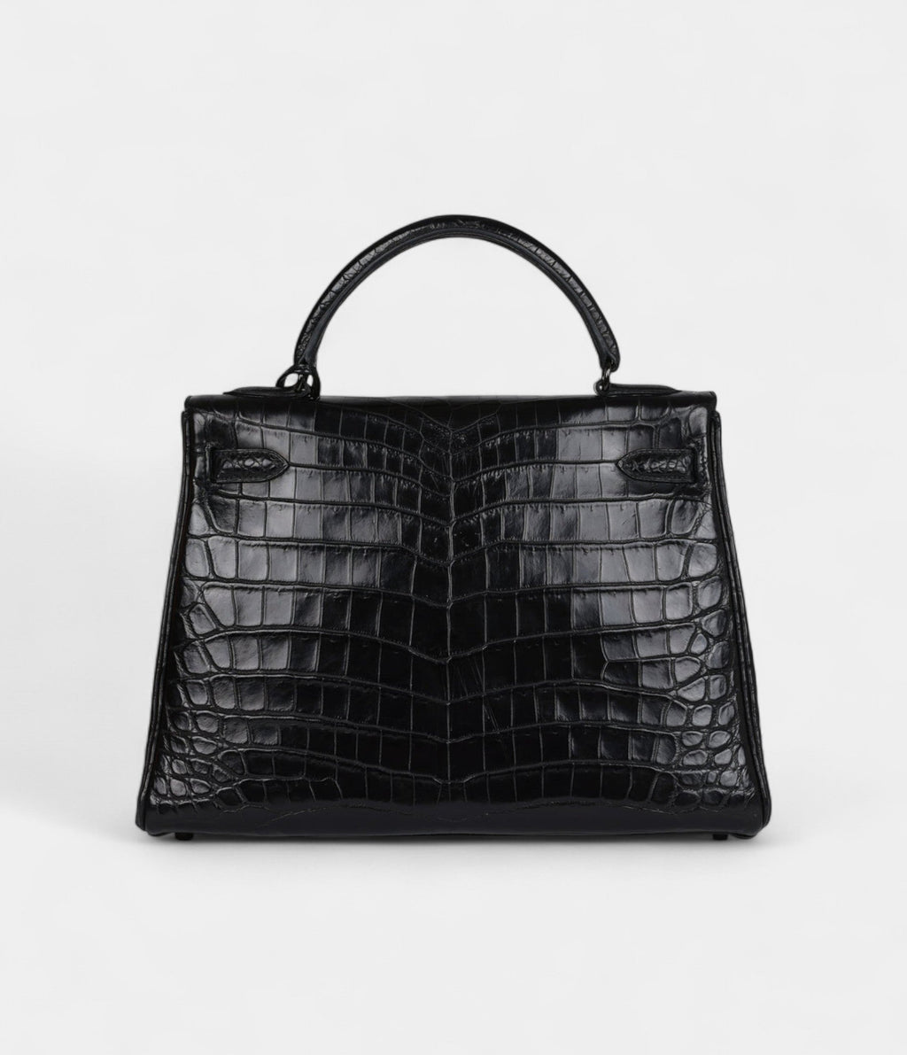 Hermes Kelly 32 Black Matte Niloticus Crocodile Black Hardware