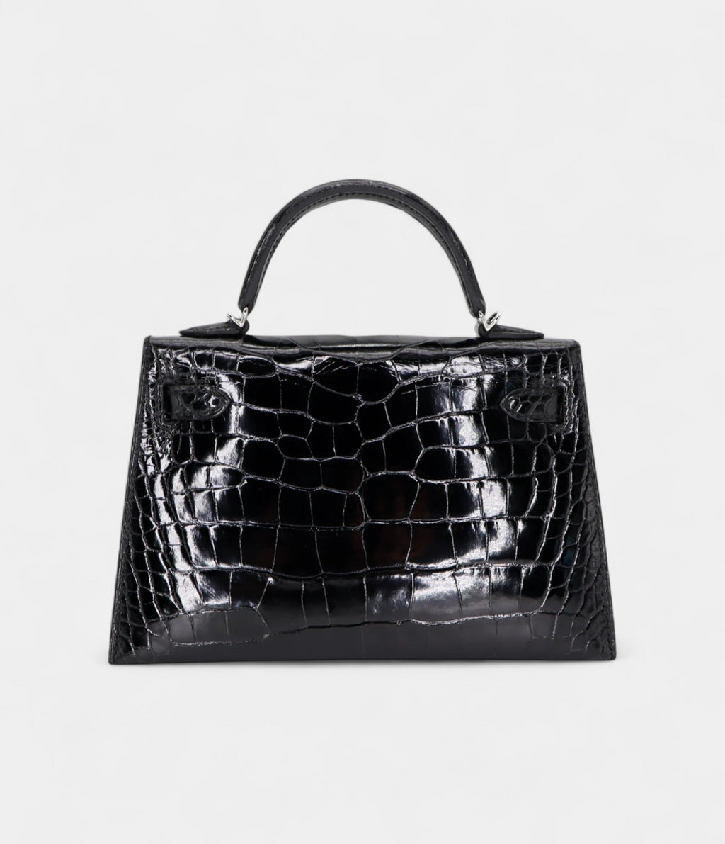 HMKelly II Sellier Mini Black Shiny Alligator Palladium Hardware