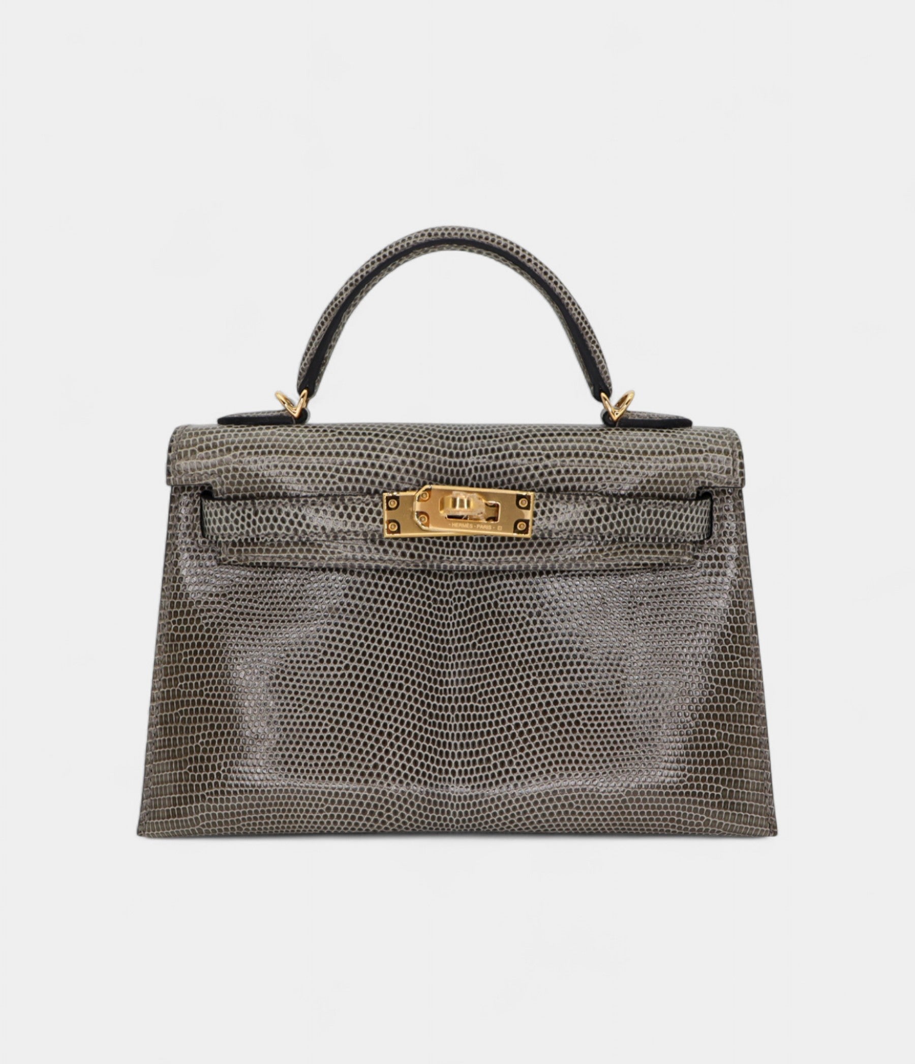 HMKelly II Sellier Mini Gris Fonce Shiny Lizard Gold Hardware