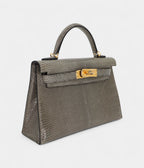 HMKelly II Sellier Mini Gris Fonce Shiny Lizard Gold Hardware