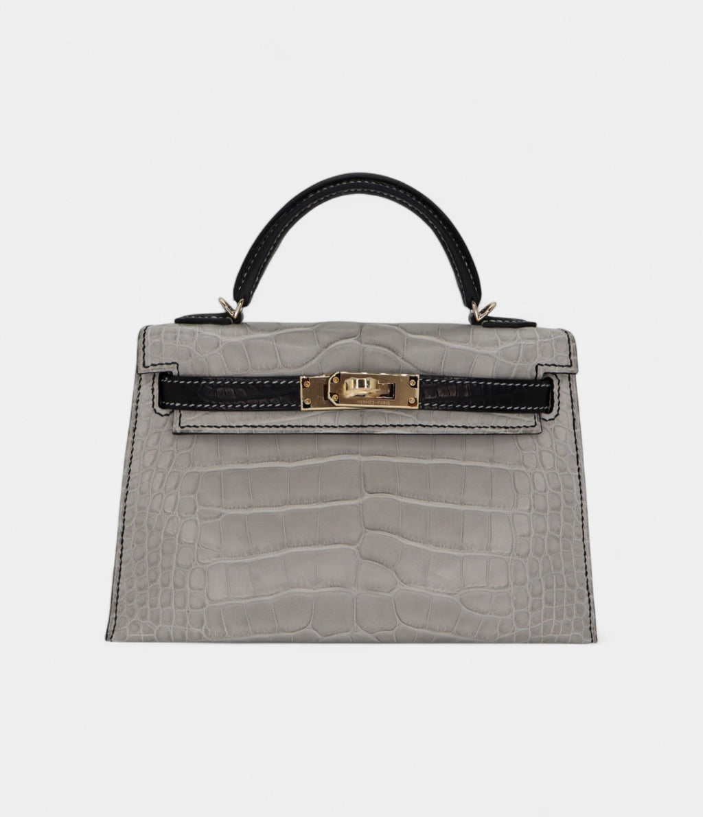 HMKelly II Sellier Mini Gris Perle/Black Matte Alligator Permabrass Hardware