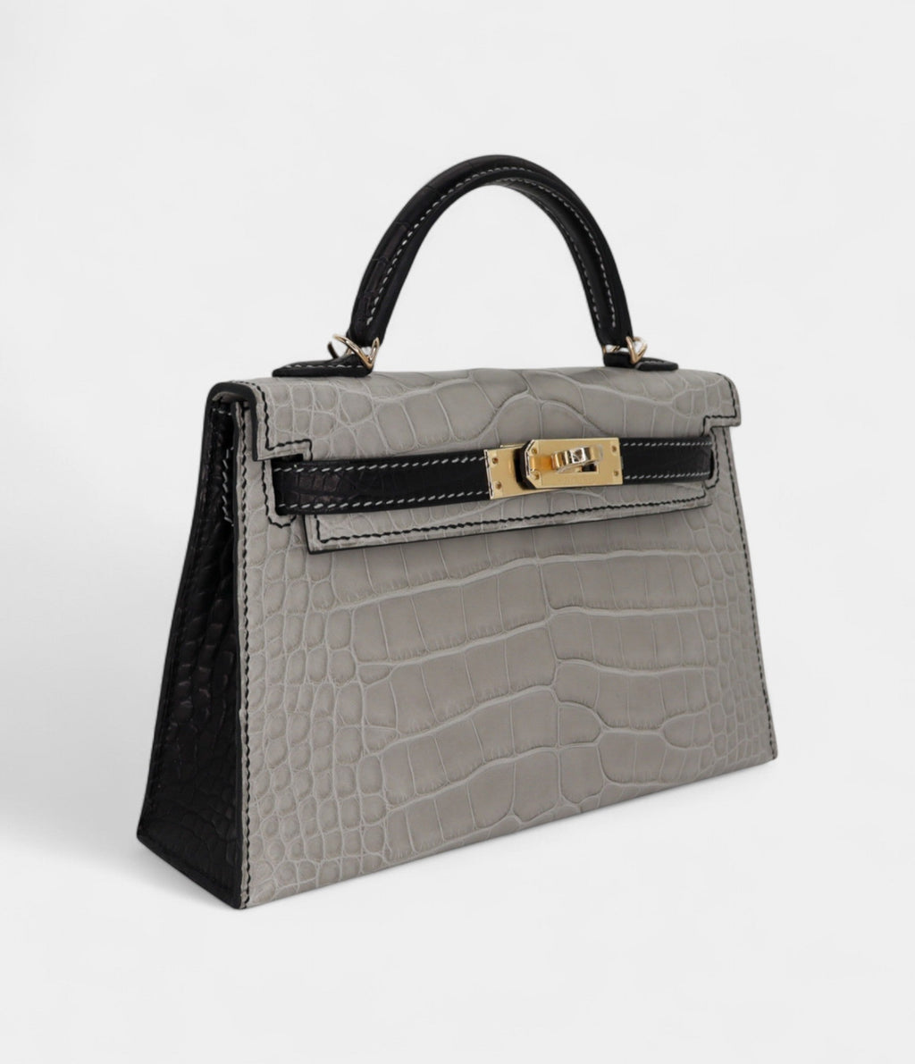 HMKelly II Sellier Mini Gris Perle/Black Matte Alligator Permabrass Hardware