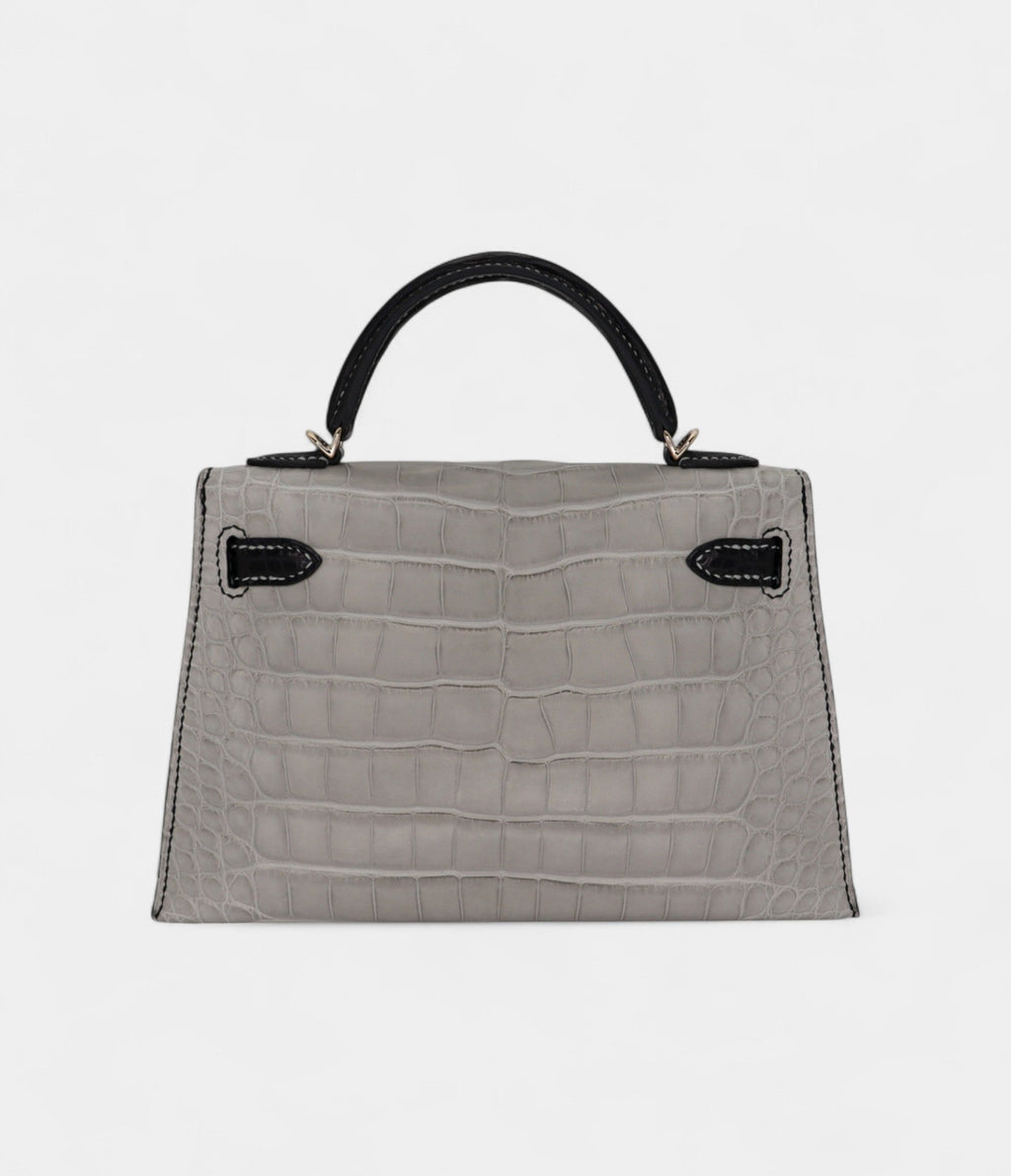 HMKelly II Sellier Mini Gris Perle/Black Matte Alligator Permabrass Hardware