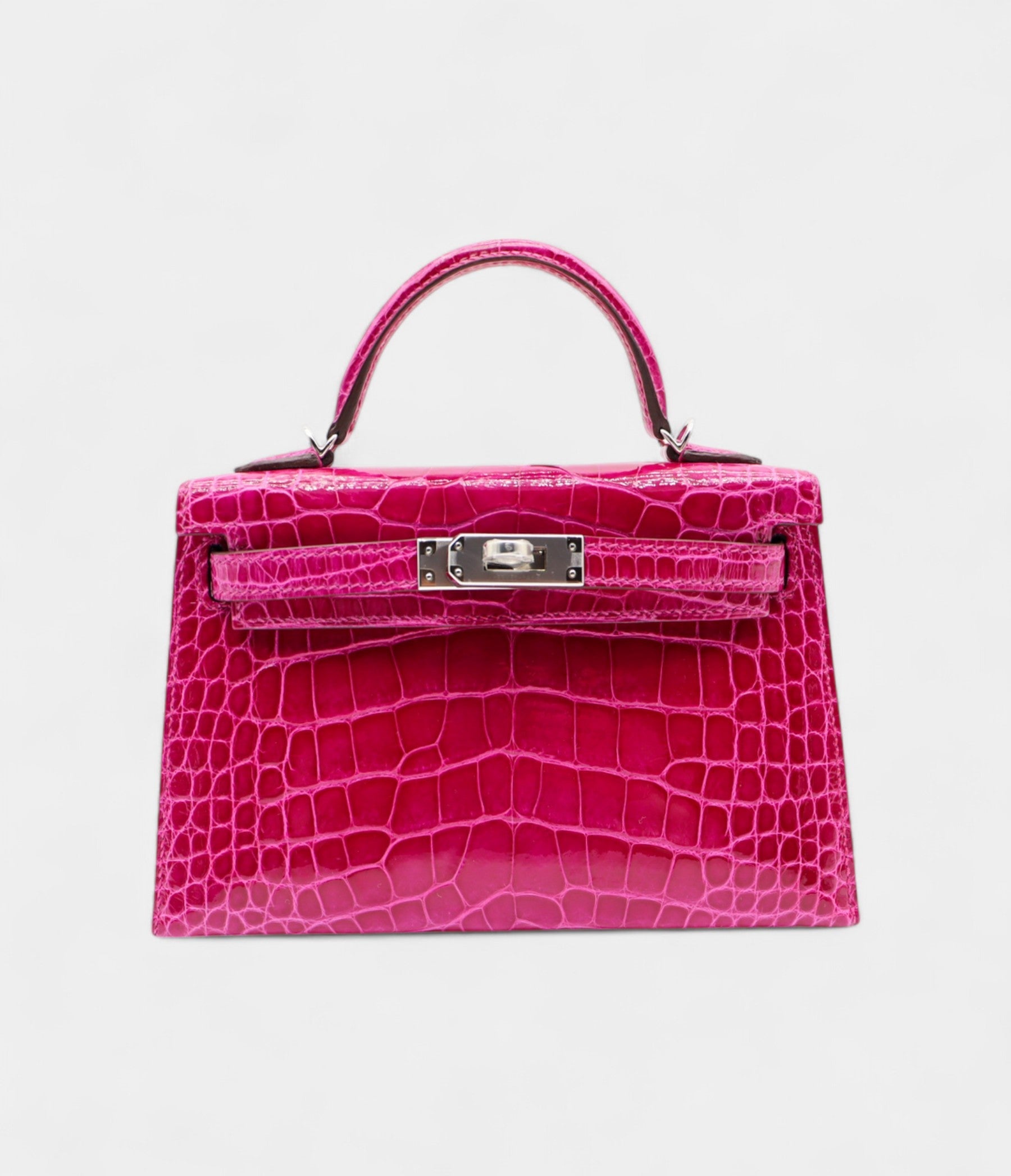 HMKelly II Sellier Mini Rose Poupre Shiny Alligator Palladium Hardware