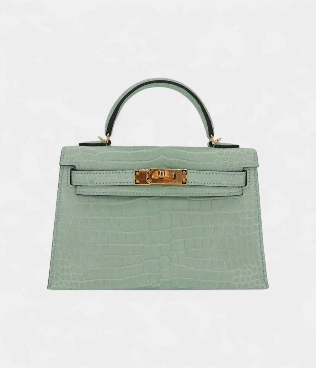 HMKelly II Sellier Mini Vert D'eau Matte Porosus Crocodile Gold Hardware