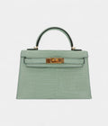 HMKelly II Sellier Mini Vert D'eau Matte Porosus Crocodile Gold Hardware