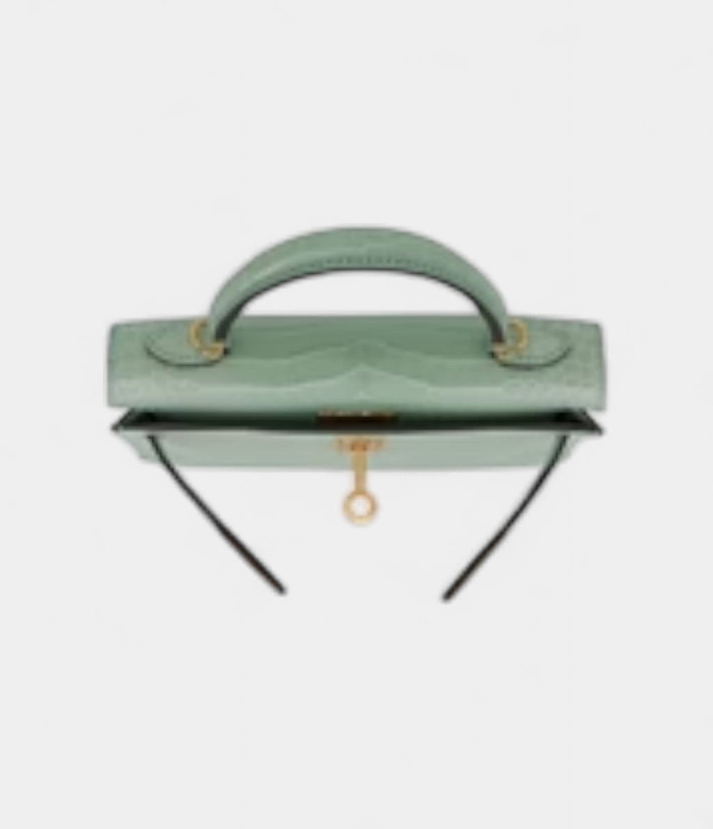 HMKelly II Sellier Mini Vert D'eau Matte Porosus Crocodile Gold Hardware
