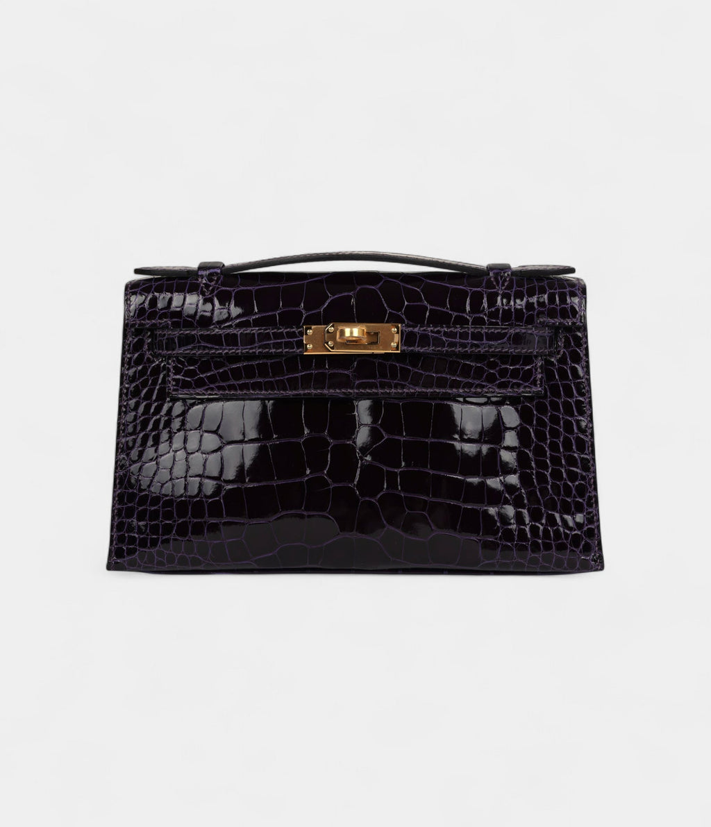 HMKelly Pochette Amethyst Shiny Alligator Gold Hardware